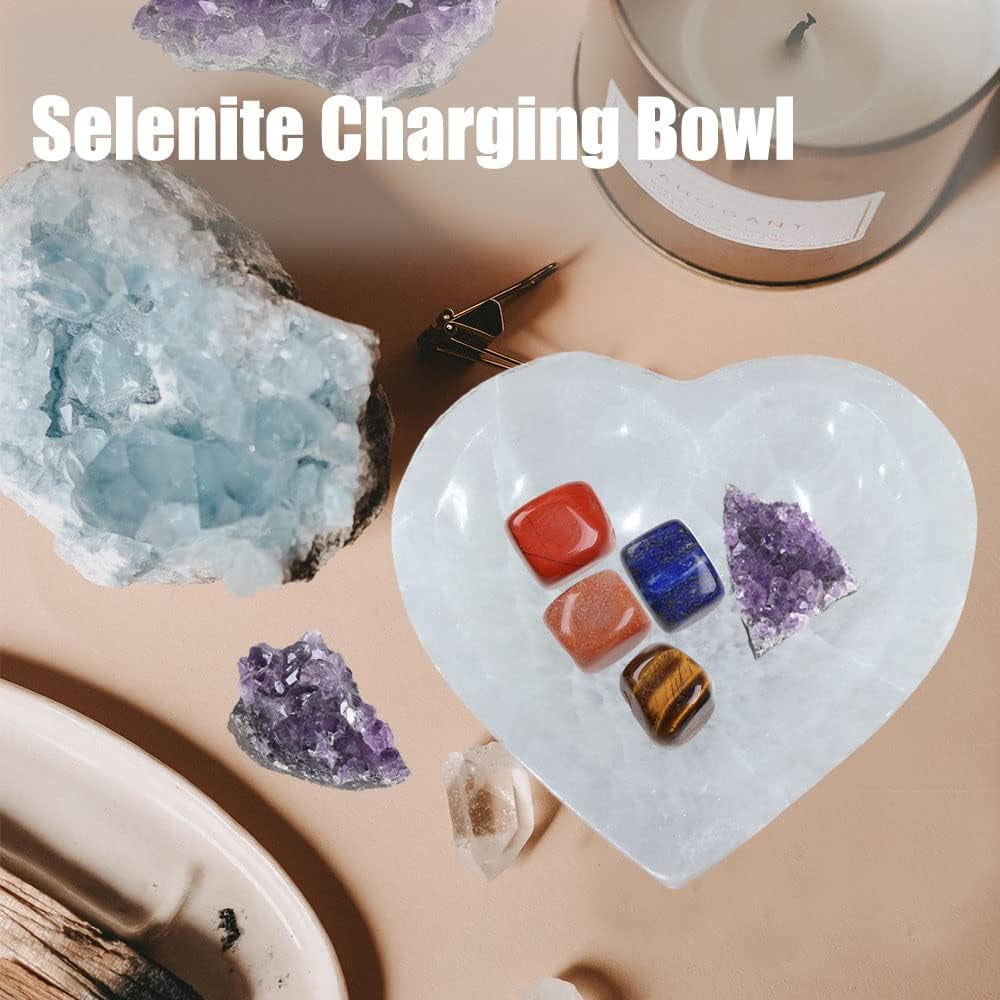 Moroccan Selenite Heart Bowl, 5" – Hand-Carved for Crystal Cleansing and Decoration