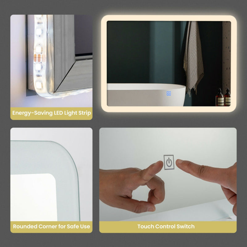 Modern LED Bathroom Mirror – Wall-Mounted Rounded Arc with Touch Controls