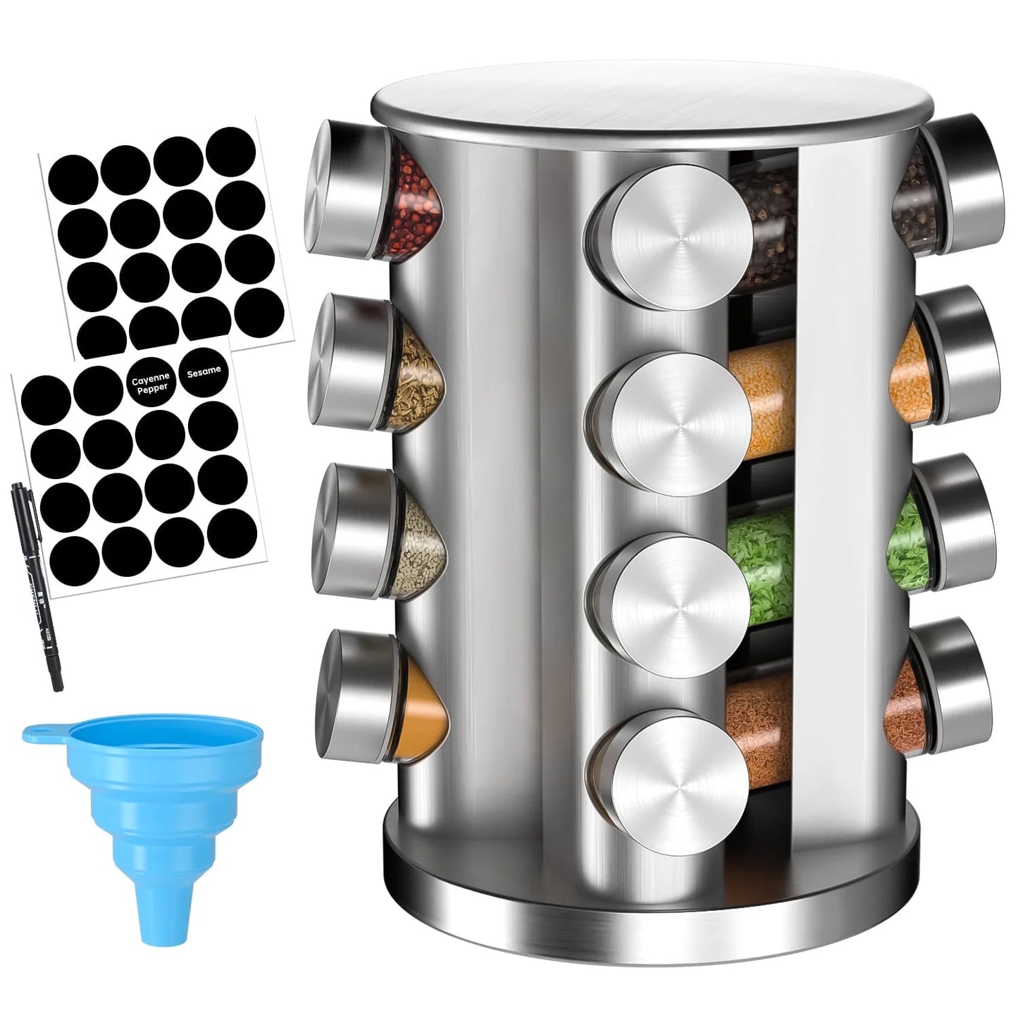 Stainless Steel Rotating Spice Organizer – 16 Seasoning Jars with Reusable Labels & Accessories