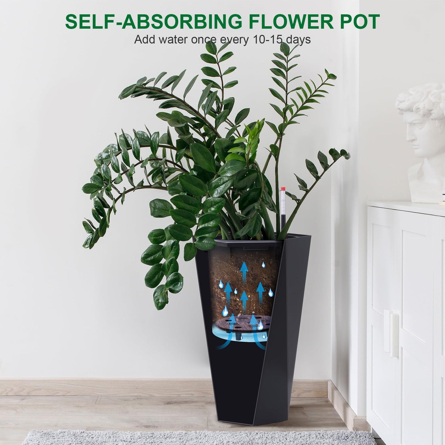 Set of 2 Black 23" Tall Planters – Porch Planter Pots with Inner Bucket, Drainage & Automatic Watering