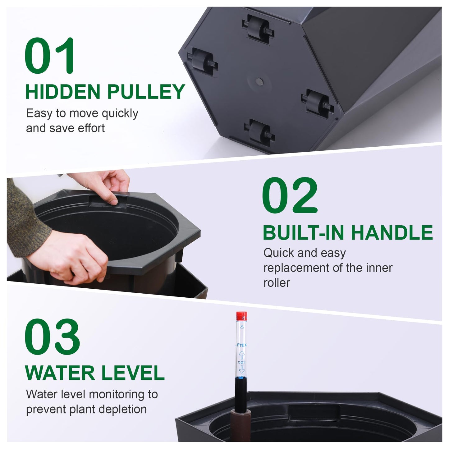 Set of 2 Black 23" Tall Planters – Porch Planter Pots with Inner Bucket, Drainage & Automatic Watering