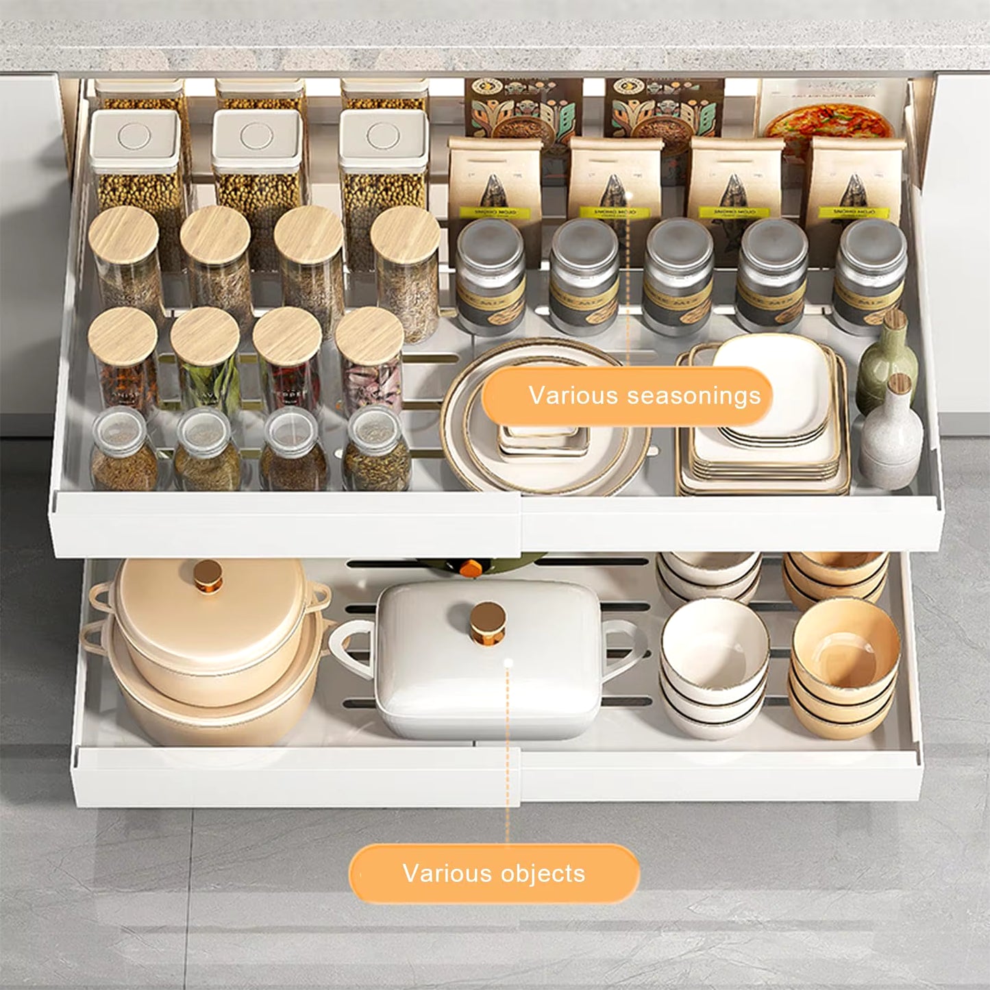 Slide-Out Cabinet Drawers – Expandable Metal Organizer for Kitchen, Pantry, or Bathroom