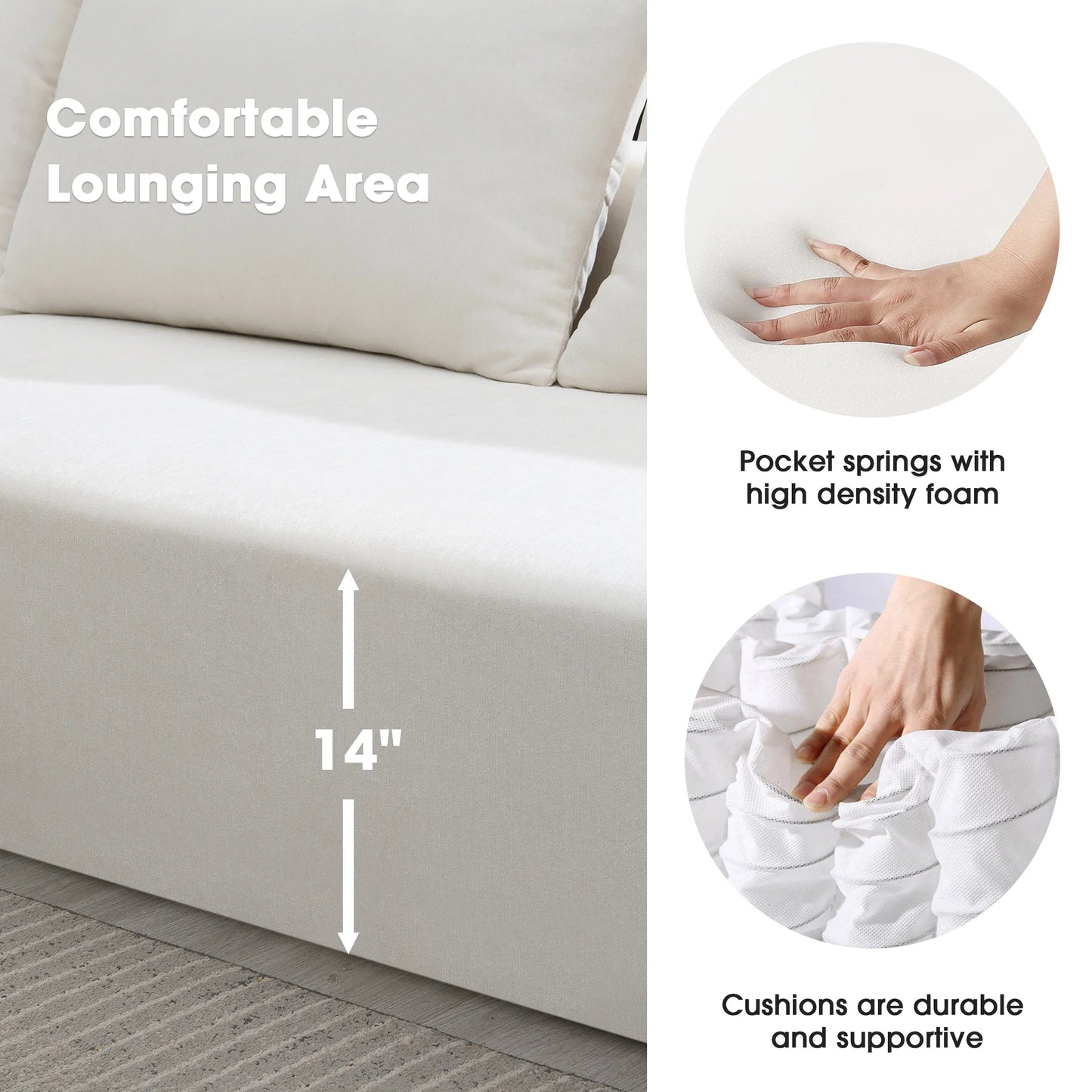 White Modular Sectional Sofa – 109" L-Shaped Sleeper Couch, Modern Minimalist Style