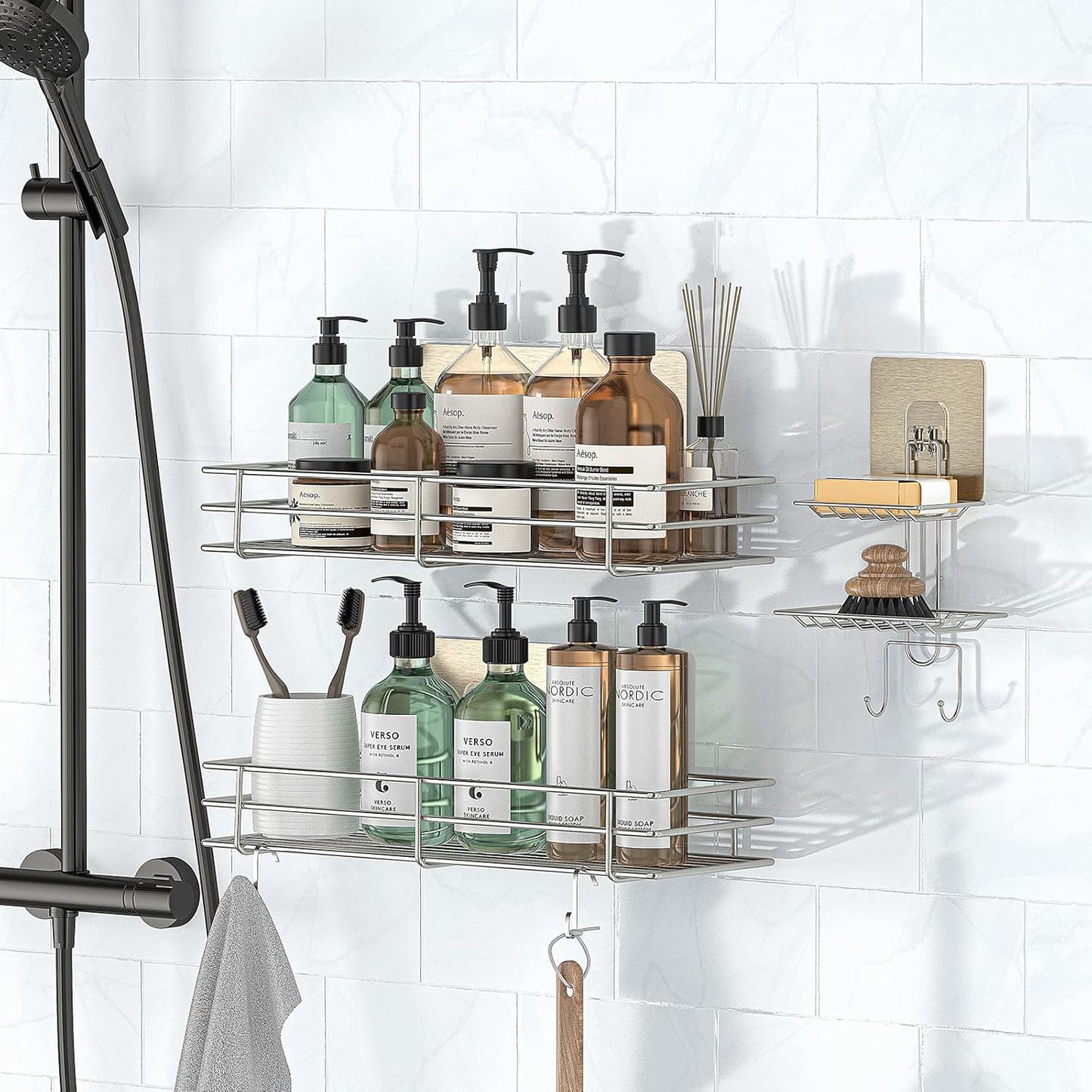 Shower Caddy Shelf Set with Soap Holder – 3-Pack No-Drill Stainless Steel Bathroom Organizer