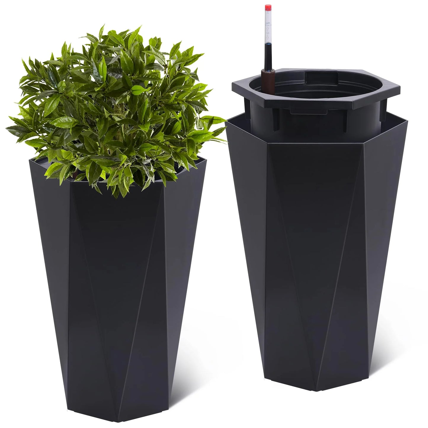 Set of 2 Black 23" Tall Planters – Porch Planter Pots with Inner Bucket, Drainage & Automatic Watering