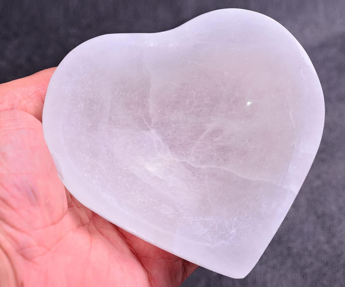 Moroccan Selenite Heart Bowl, 5" – Hand-Carved for Crystal Cleansing and Decoration