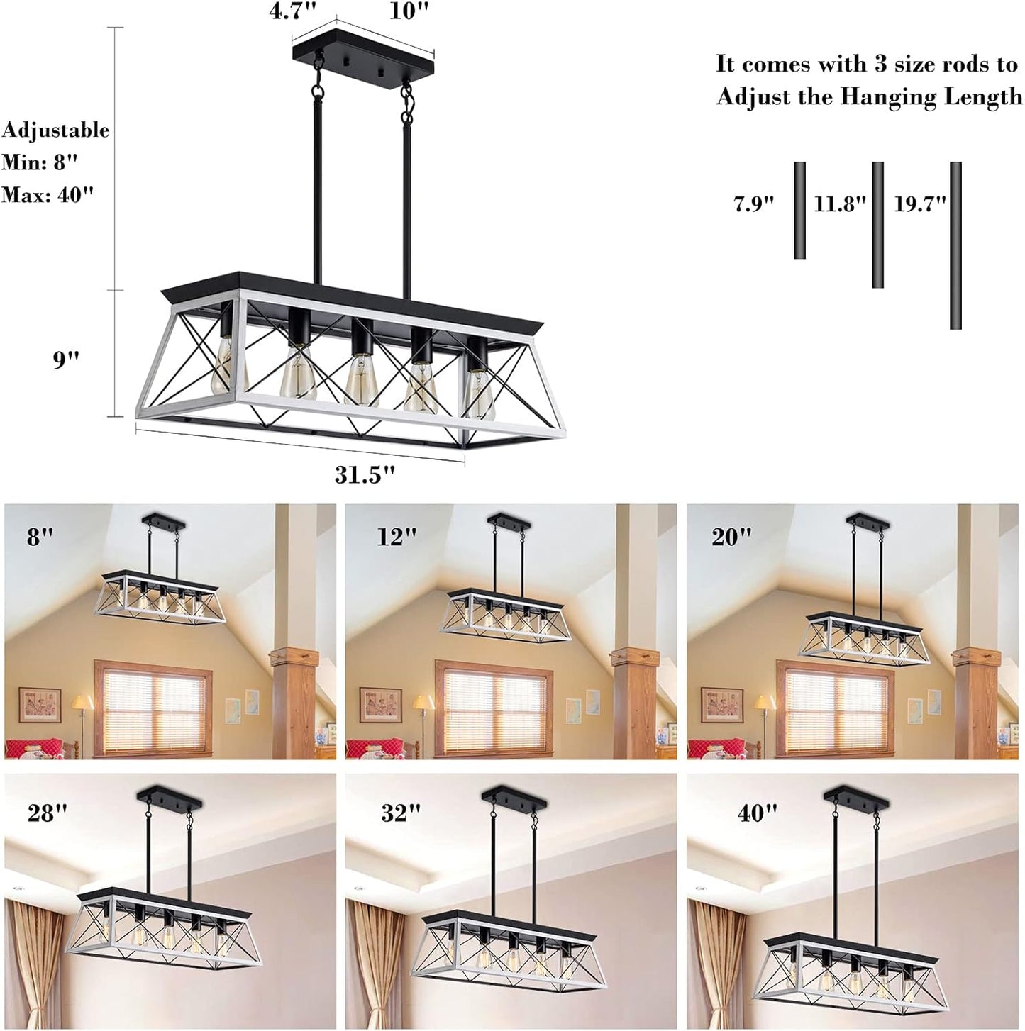 Rustic Farmhouse 5-Light Pendant Light – Rectangular Chandelier for Dining Room or Kitchen Island