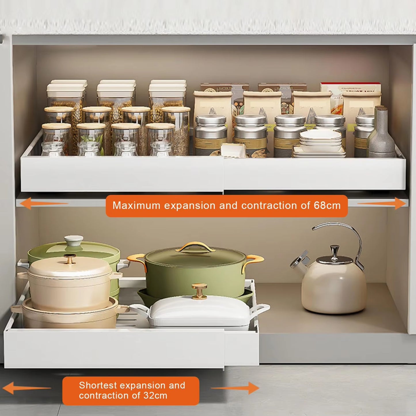 Slide-Out Cabinet Drawers – Expandable Metal Organizer for Kitchen, Pantry, or Bathroom
