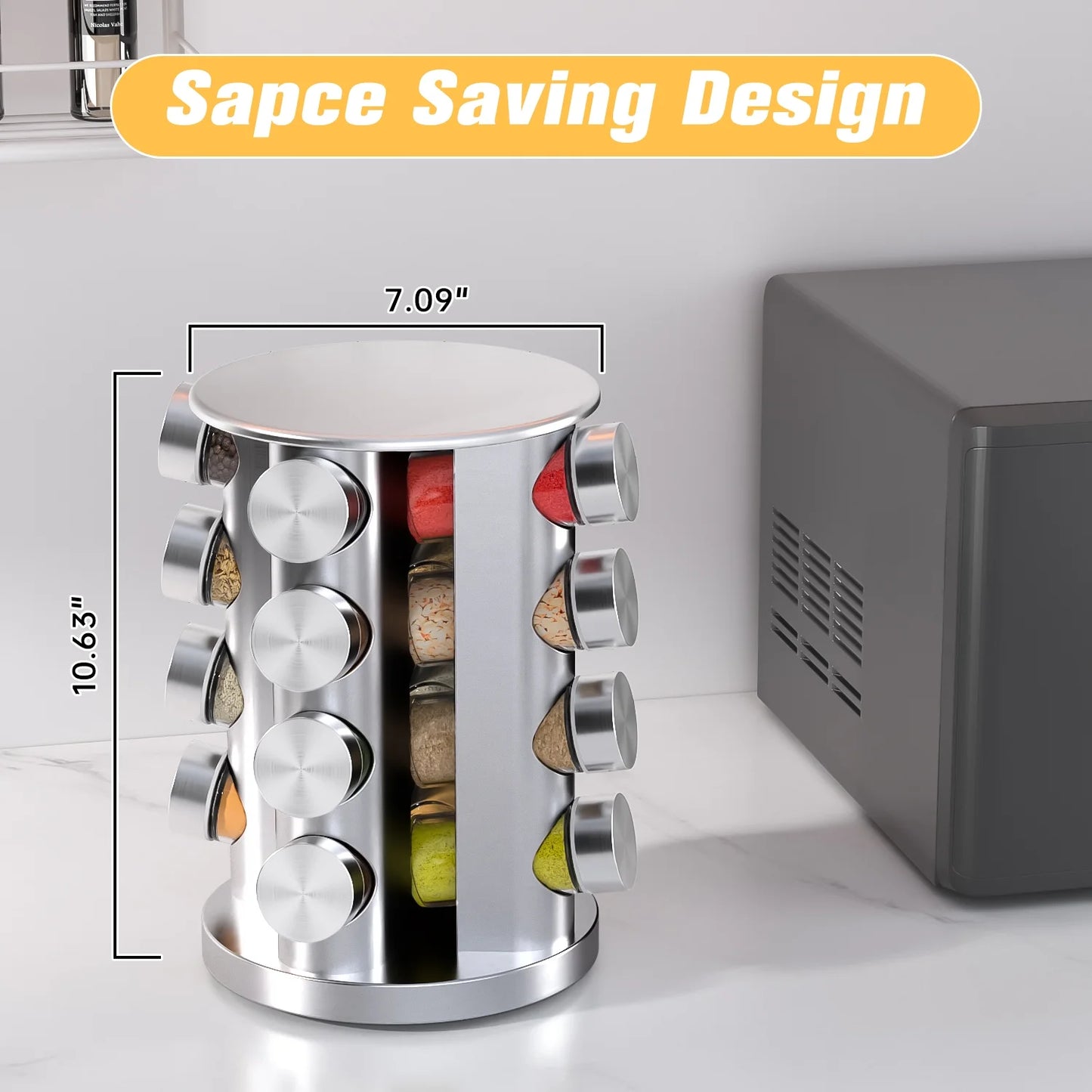 Stainless Steel Rotating Spice Organizer – 16 Seasoning Jars with Reusable Labels & Accessories