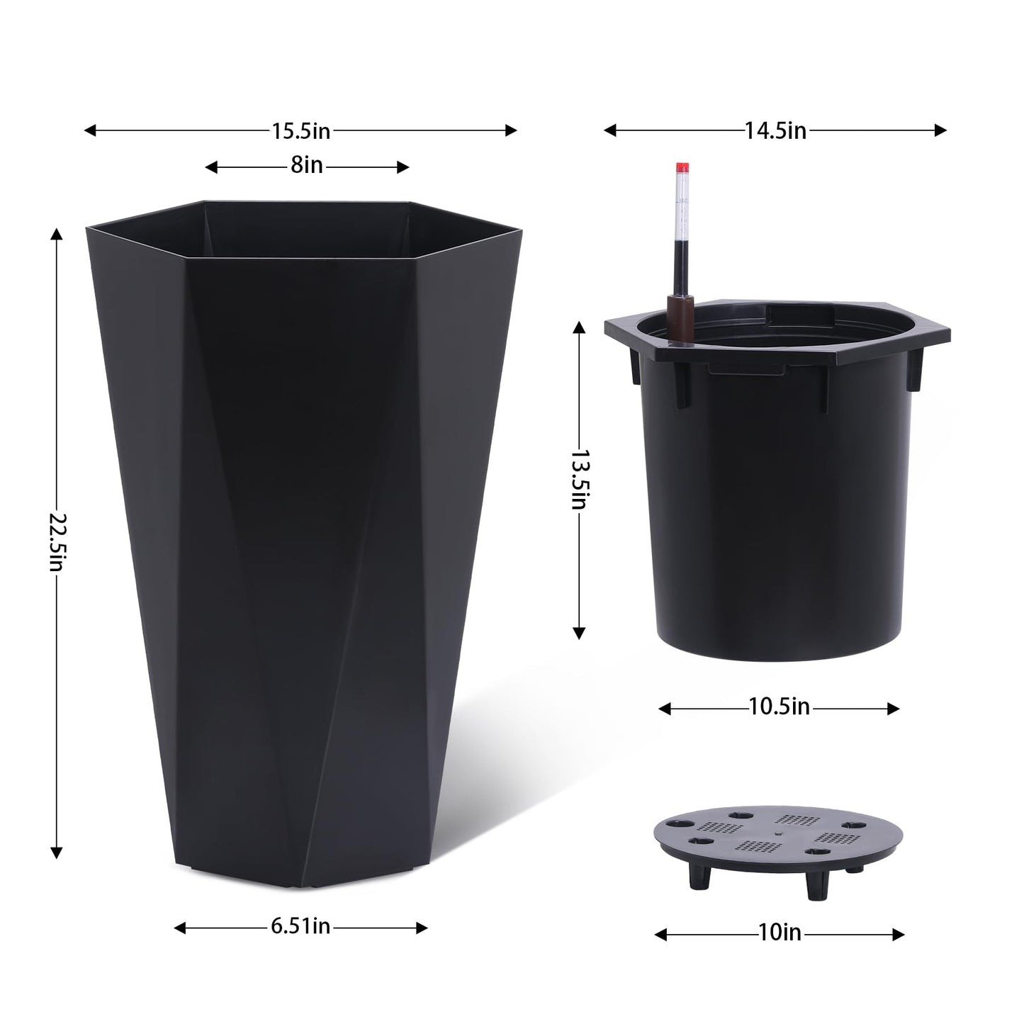 Set of 2 Black 23" Tall Planters – Porch Planter Pots with Inner Bucket, Drainage & Automatic Watering