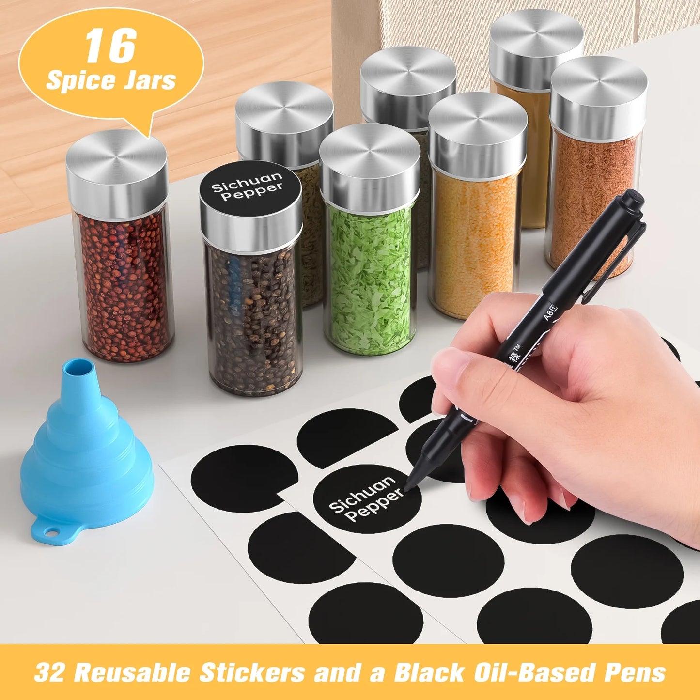 Stainless Steel Rotating Spice Organizer – 16 Seasoning Jars with Reusable Labels & Accessories