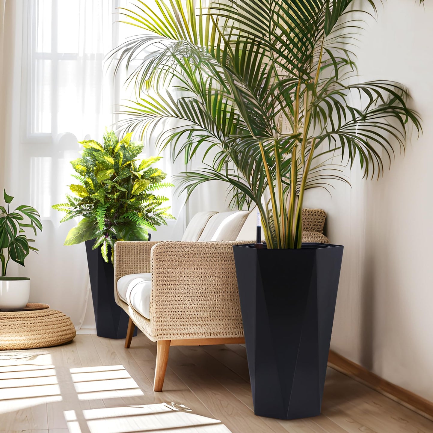 Set of 2 Black 23" Tall Planters – Porch Planter Pots with Inner Bucket, Drainage & Automatic Watering