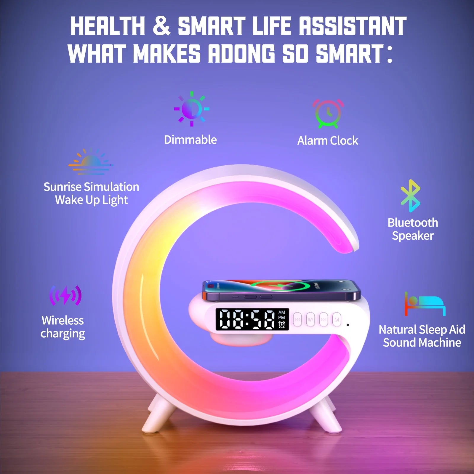 Multi-Function G-Shape Table Lamp – Wireless Speaker, Adjustable Light, Alarm Clock & Charger