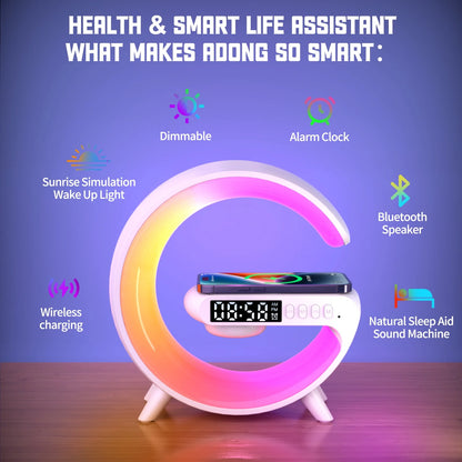 Multi-Function G-Shape Table Lamp – Wireless Speaker, Adjustable Light, Alarm Clock & Charger