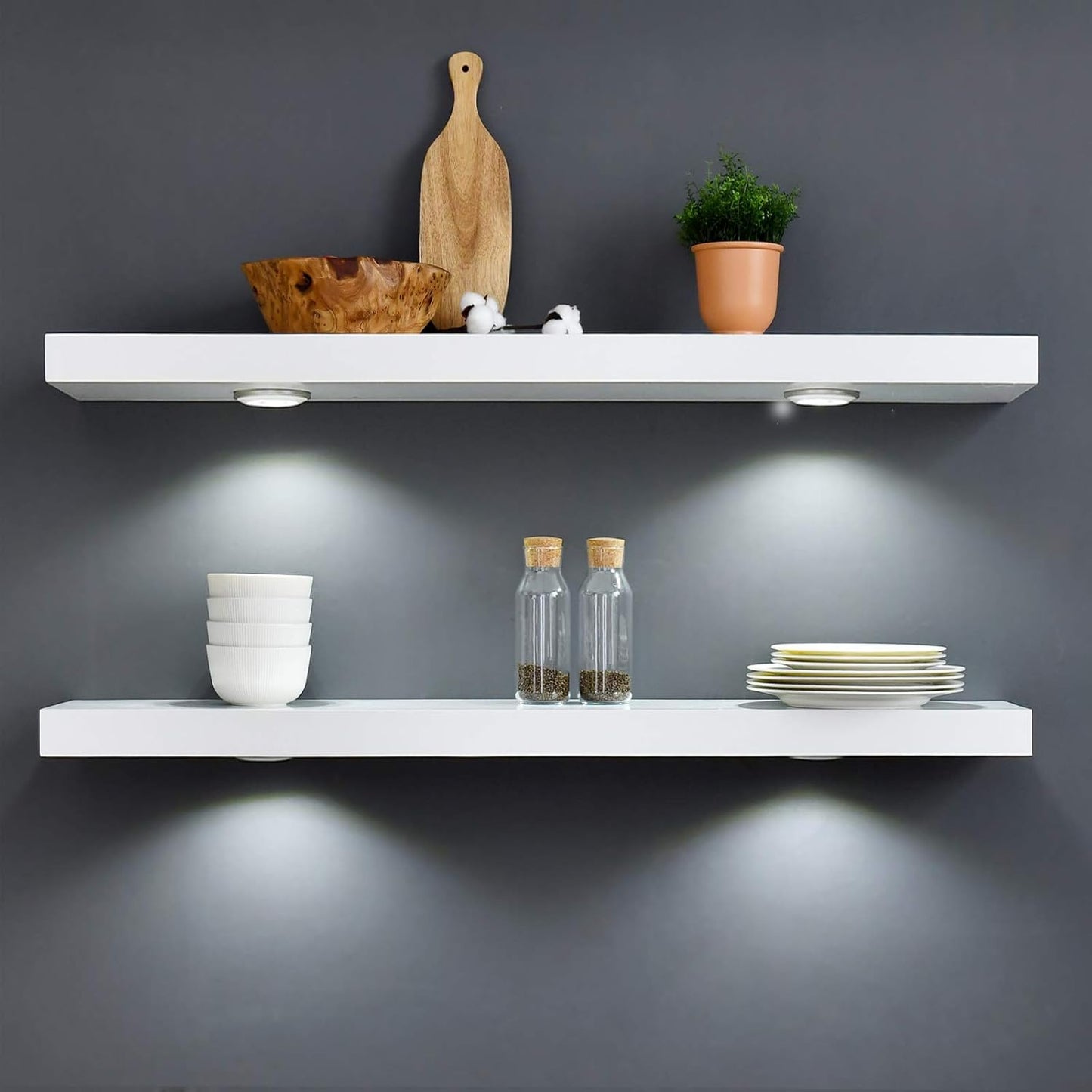 White Floating Shelf with Built-In Touch LED Light – 48" Wall Shelf for Modern Home Decor