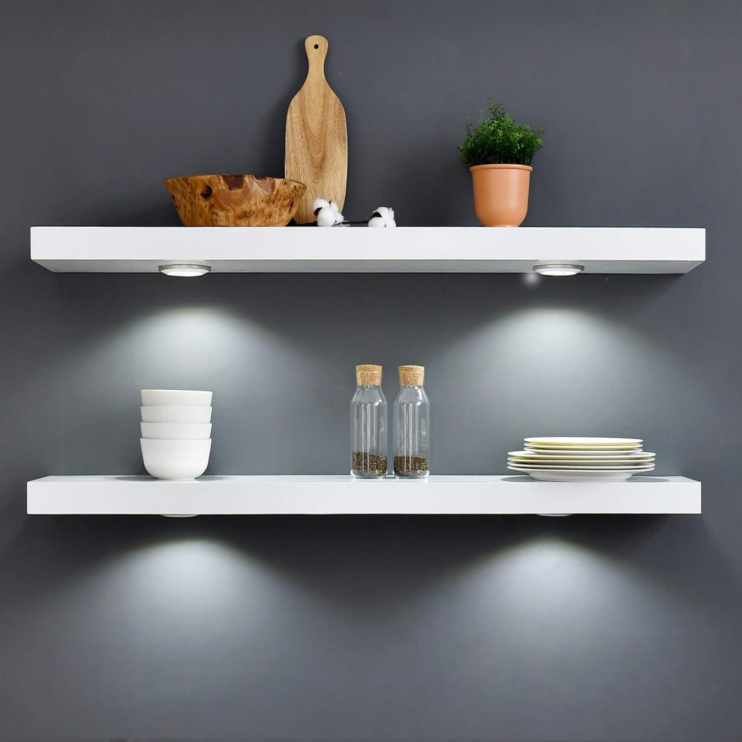 White Floating Shelf with Built-In Touch LED Light – 48" Wall Shelf for Modern Home Decor