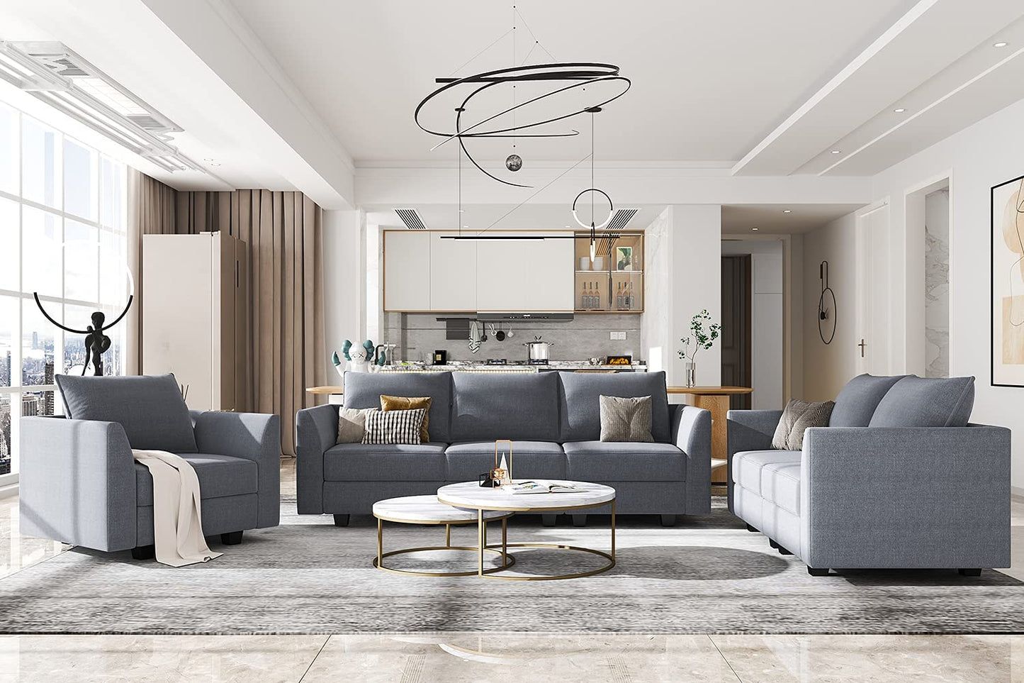 Living Room Furniture Set – 3-Piece Bluish Grey Polyester Fabric Sofa, Loveseat & Armchair