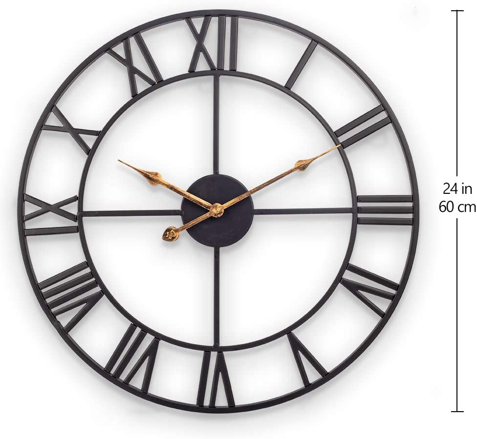 Vintage Industrial 24" Wall Clock – Silent Battery-Operated Metal Clock with Roman Numerals, Black