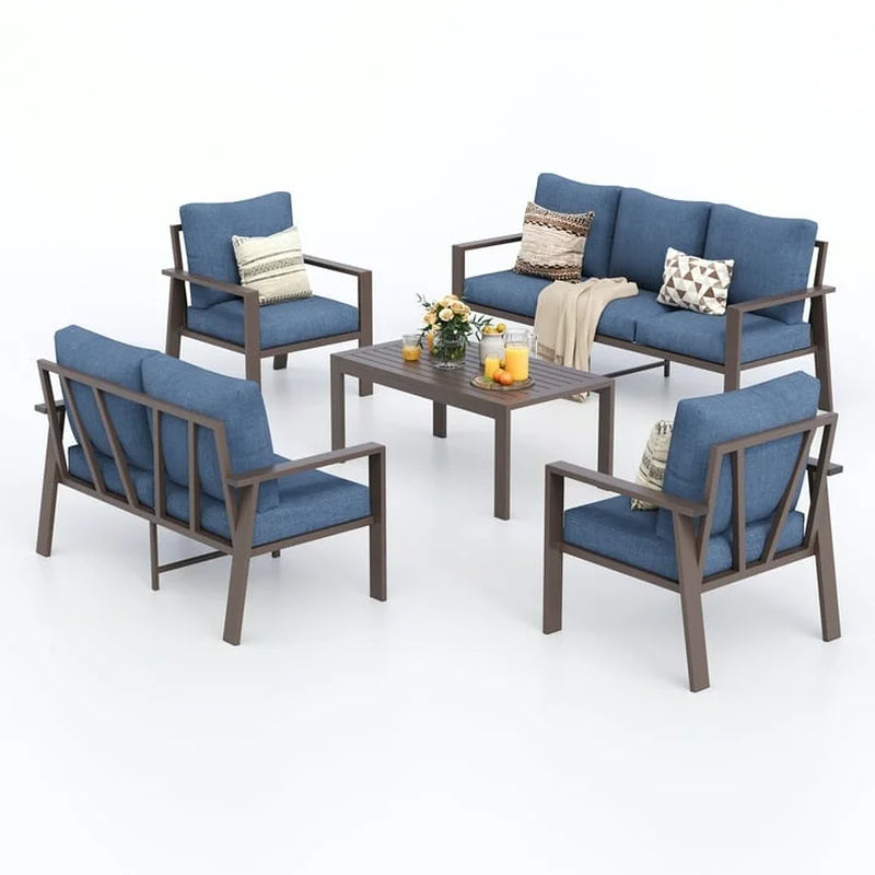 Contemporary Aluminum Patio Couch Set – Blue Outdoor Conversation Furniture