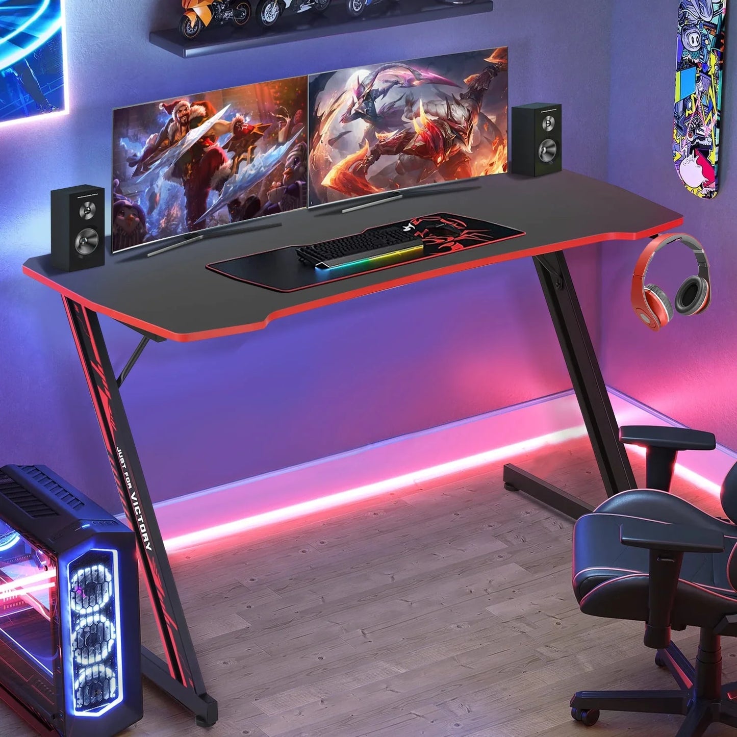 NCS Z-Shaped 47" Gaming Computer Desk – Sturdy Home Office Table with Headset Hook, Red