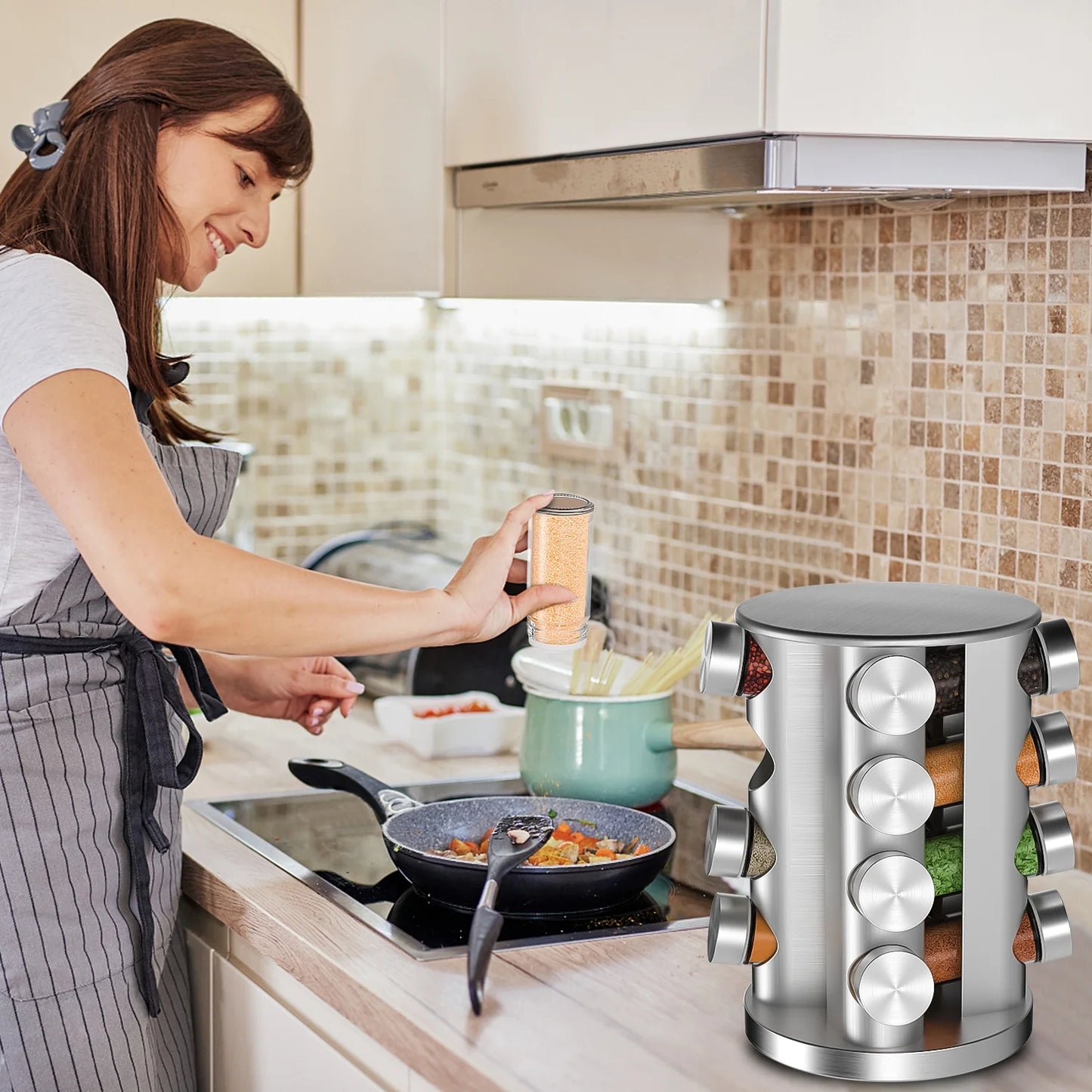 Stainless Steel Rotating Spice Organizer – 16 Seasoning Jars with Reusable Labels & Accessories