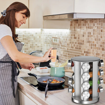 Stainless Steel Rotating Spice Organizer – 16 Seasoning Jars with Reusable Labels & Accessories