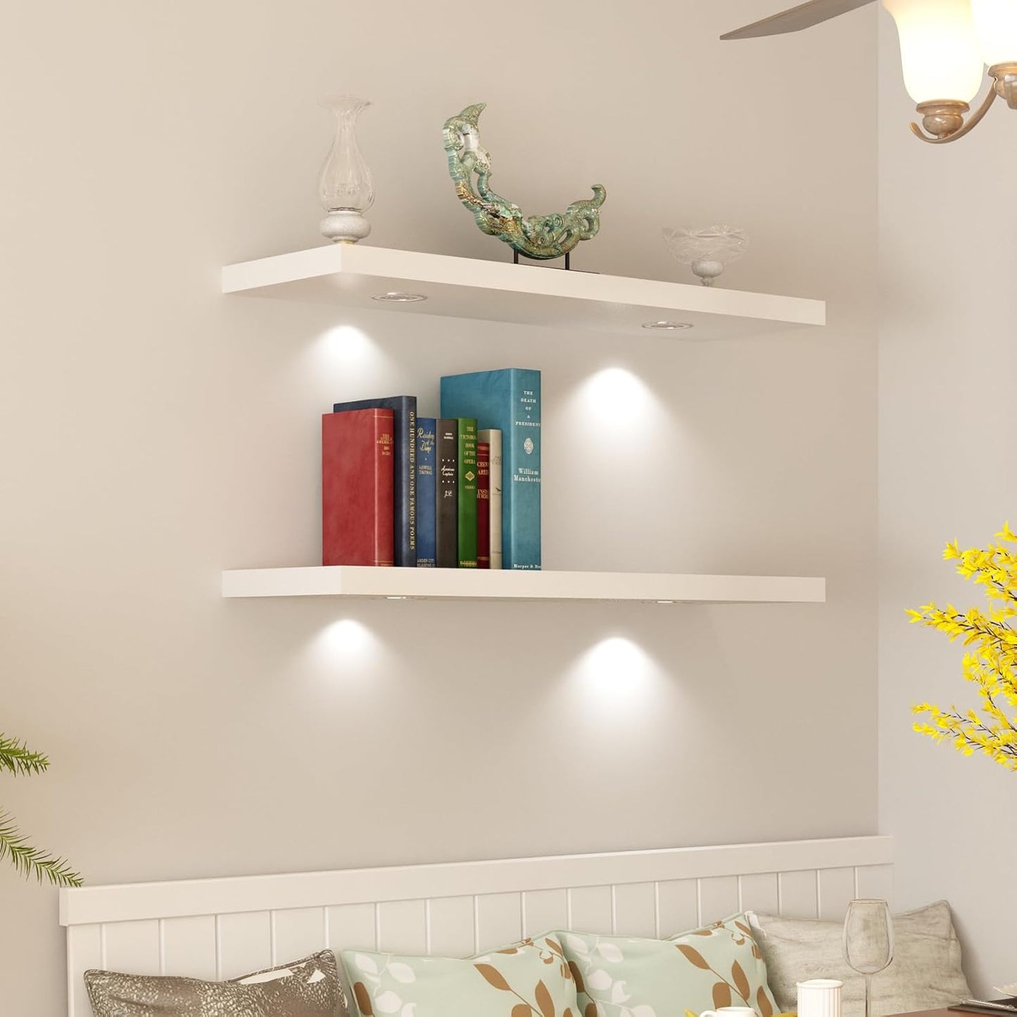 White Floating Shelf with Built-In Touch LED Light – 48" Wall Shelf for Modern Home Decor