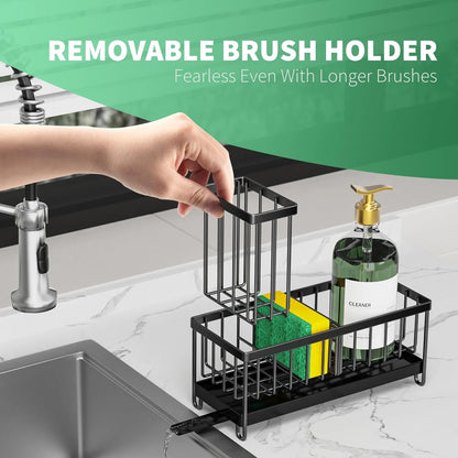 Rustproof Black Kitchen Sink Sponge Holder – Organizer Caddy with Brush Holder & Soap Dispenser