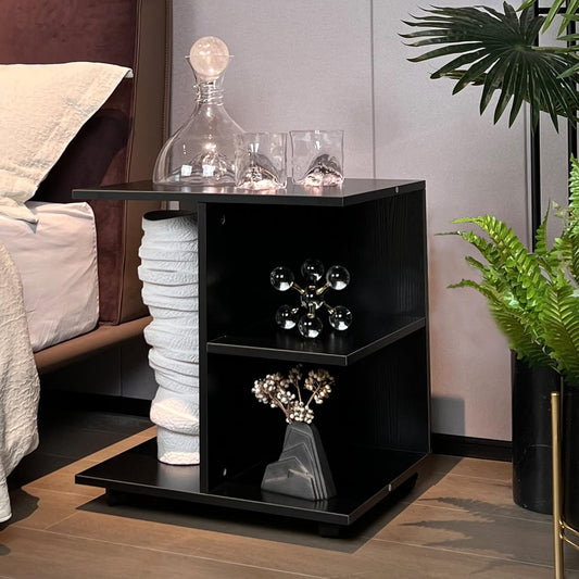 Black Modern End Table with Open Shelf – Wood Bedside Nightstand on Wheels, Storage Shelf