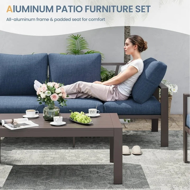 Contemporary Aluminum Patio Couch Set – Blue Outdoor Conversation Furniture