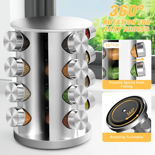 Stainless Steel Rotating Spice Organizer – 16 Seasoning Jars with Reusable Labels & Accessories