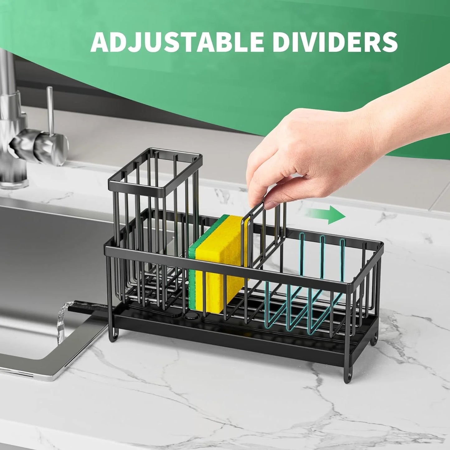 Rustproof Black Kitchen Sink Sponge Holder – Organizer Caddy with Brush Holder & Soap Dispenser