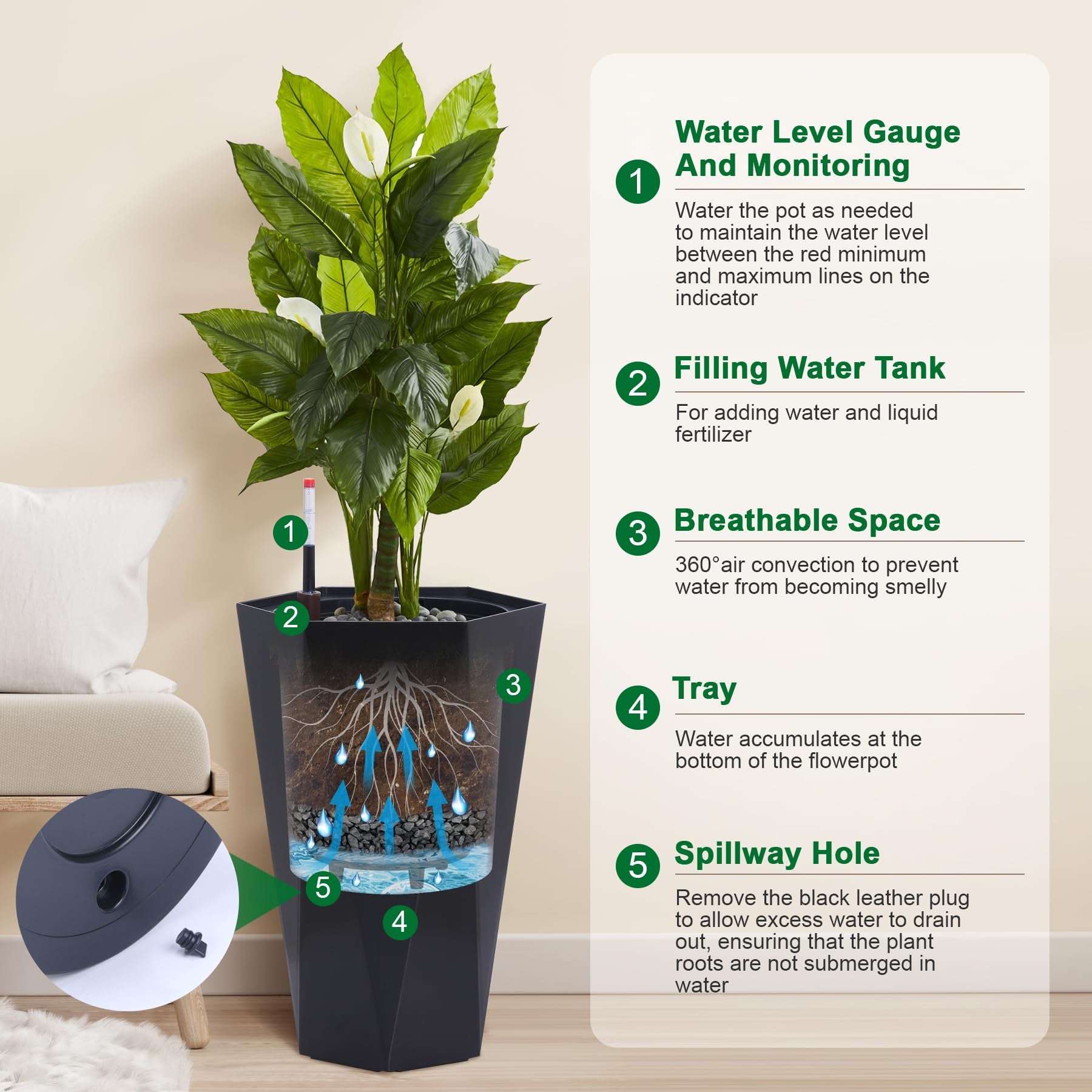 Set of 2 Black 23" Tall Planters – Porch Planter Pots with Inner Bucket, Drainage & Automatic Watering