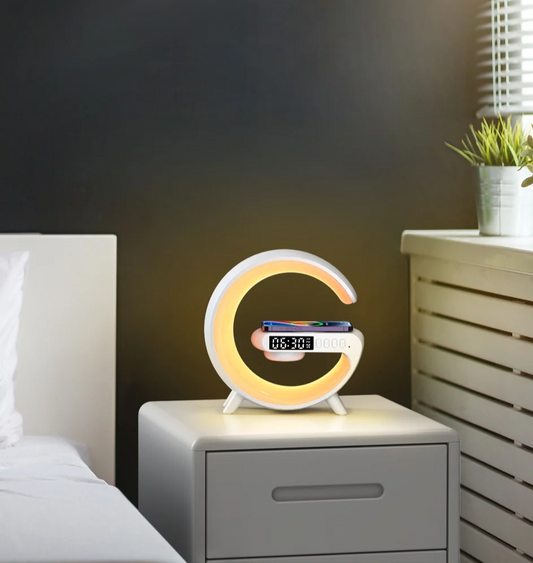 Multi-Function G-Shape Table Lamp – Wireless Speaker, Adjustable Light, Alarm Clock & Charger