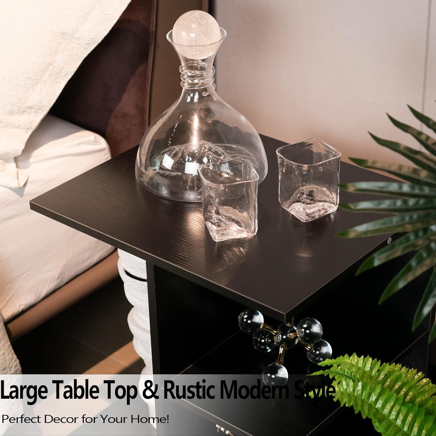 Black Modern End Table with Open Shelf – Wood Bedside Nightstand on Wheels, Storage Shelf