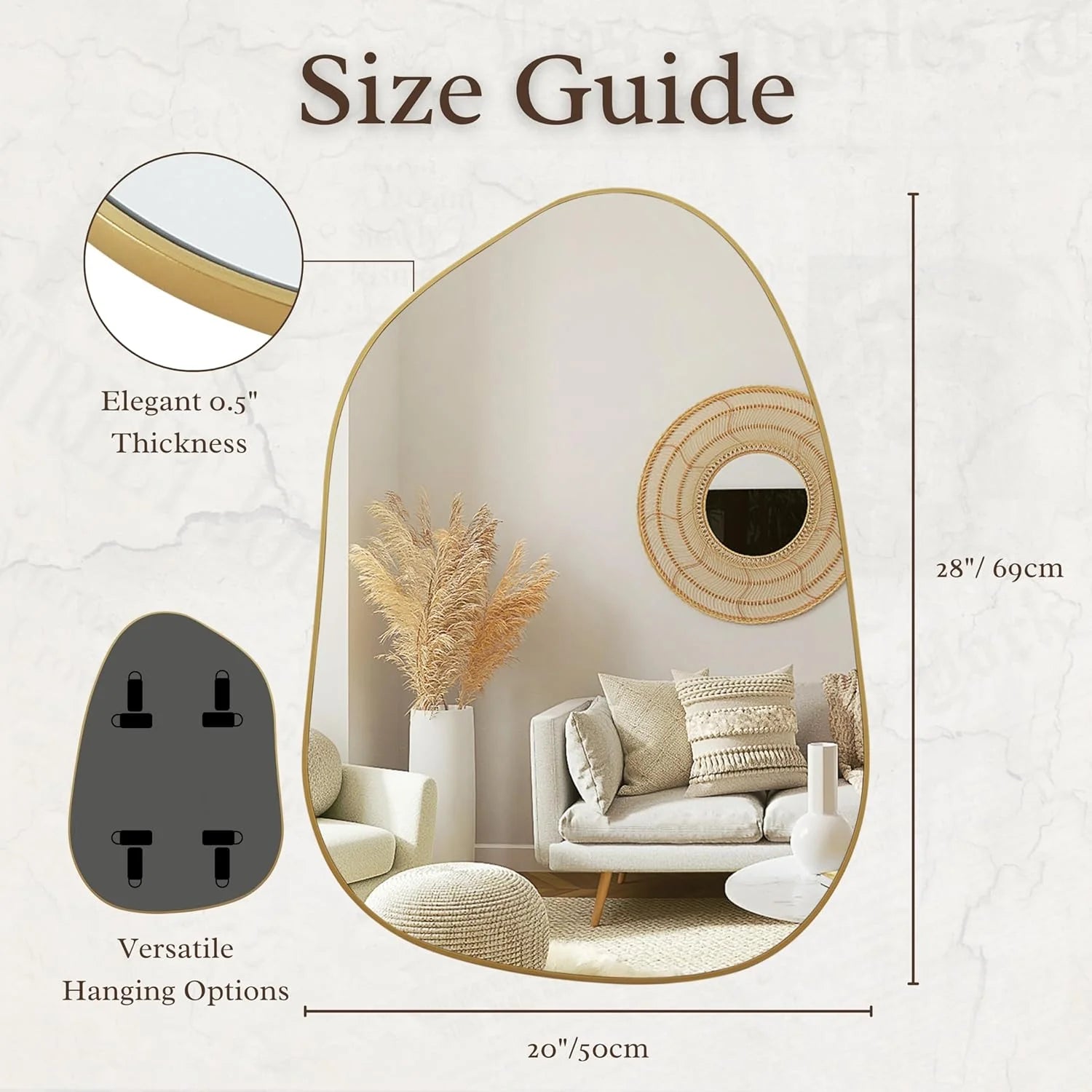 Asymmetrical Wall Mirror 28"x20" – Golden Wood Frame, Decorative for Living Room & Bathroom