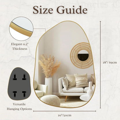 Asymmetrical Wall Mirror 28"x20" – Golden Wood Frame, Decorative for Living Room & Bathroom