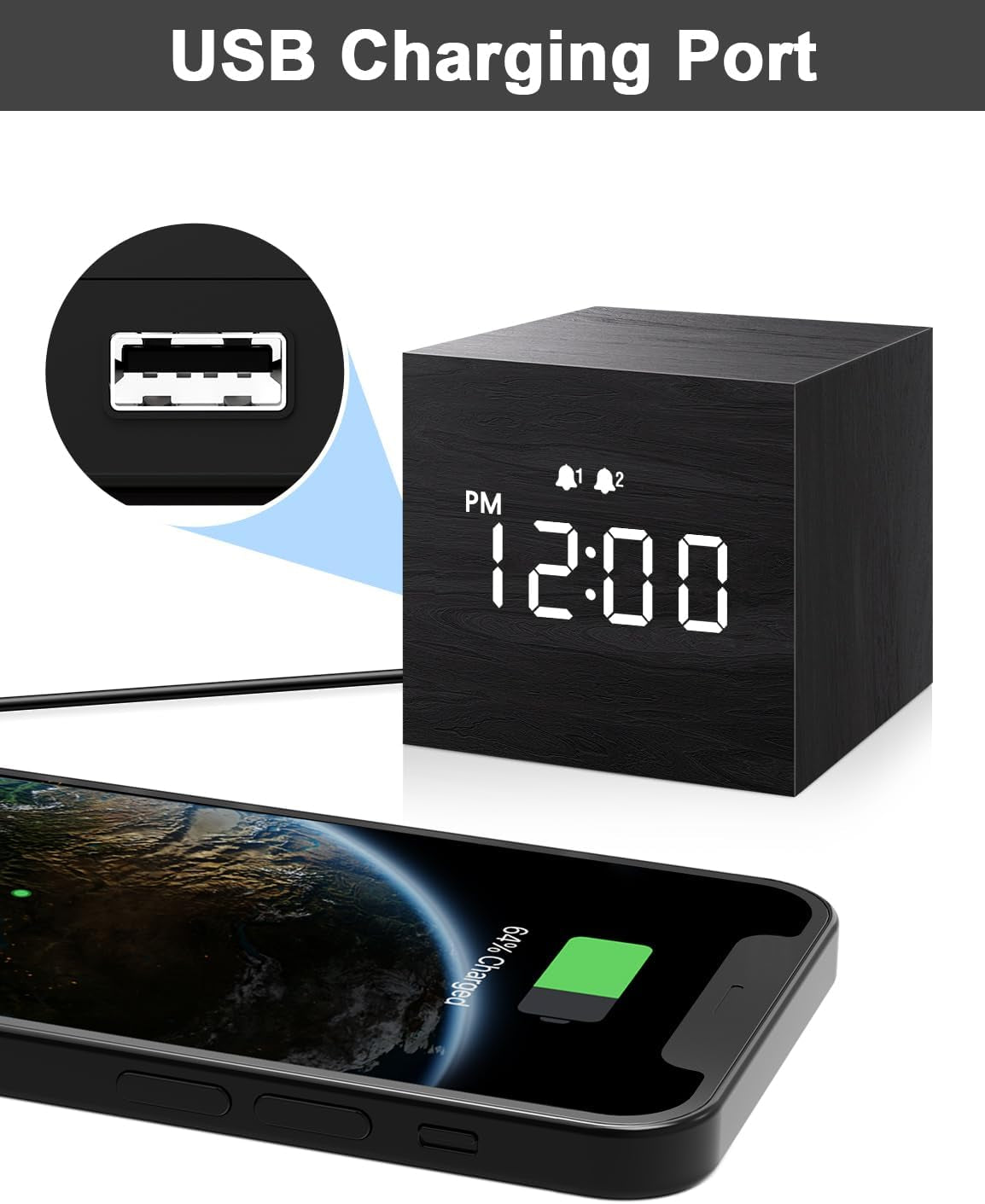Compact Digital Alarm Clock – Wooden Casing, LED Time Display, Dual Alarm, Black