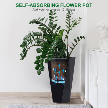 Set of 2 Black 23" Tall Planters – Porch Planter Pots with Inner Bucket, Drainage & Automatic Watering