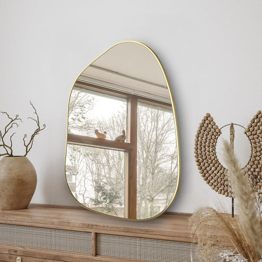 Asymmetrical Wall Mirror 28"x20" – Golden Wood Frame, Decorative for Living Room & Bathroom