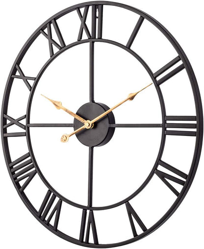 Vintage Industrial 24" Wall Clock – Silent Battery-Operated Metal Clock with Roman Numerals, Black