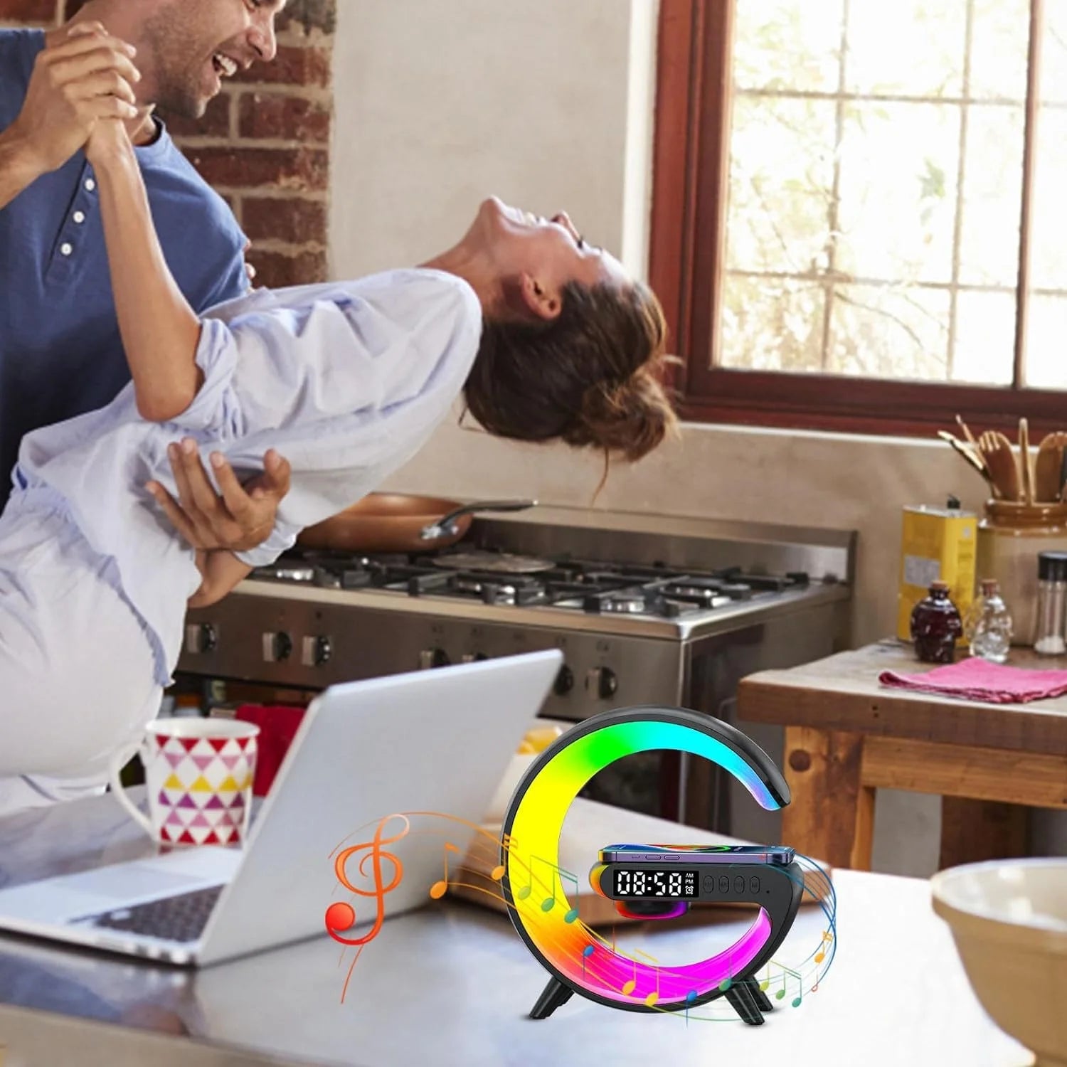 Multi-Function G-Shape Table Lamp – Wireless Speaker, Adjustable Light, Alarm Clock & Charger