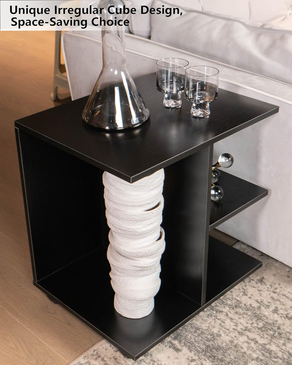 Black Modern End Table with Open Shelf – Wood Bedside Nightstand on Wheels, Storage Shelf