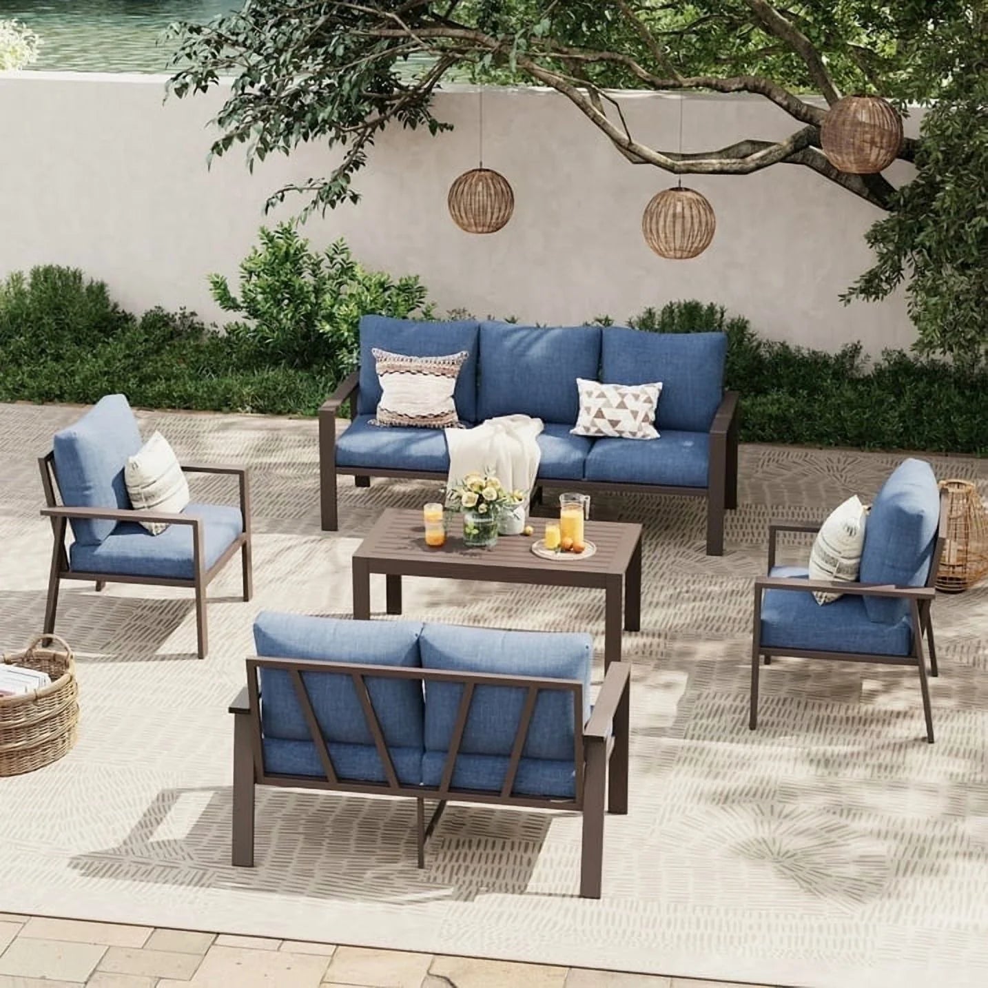 Contemporary Aluminum Patio Couch Set – Blue Outdoor Conversation Furniture