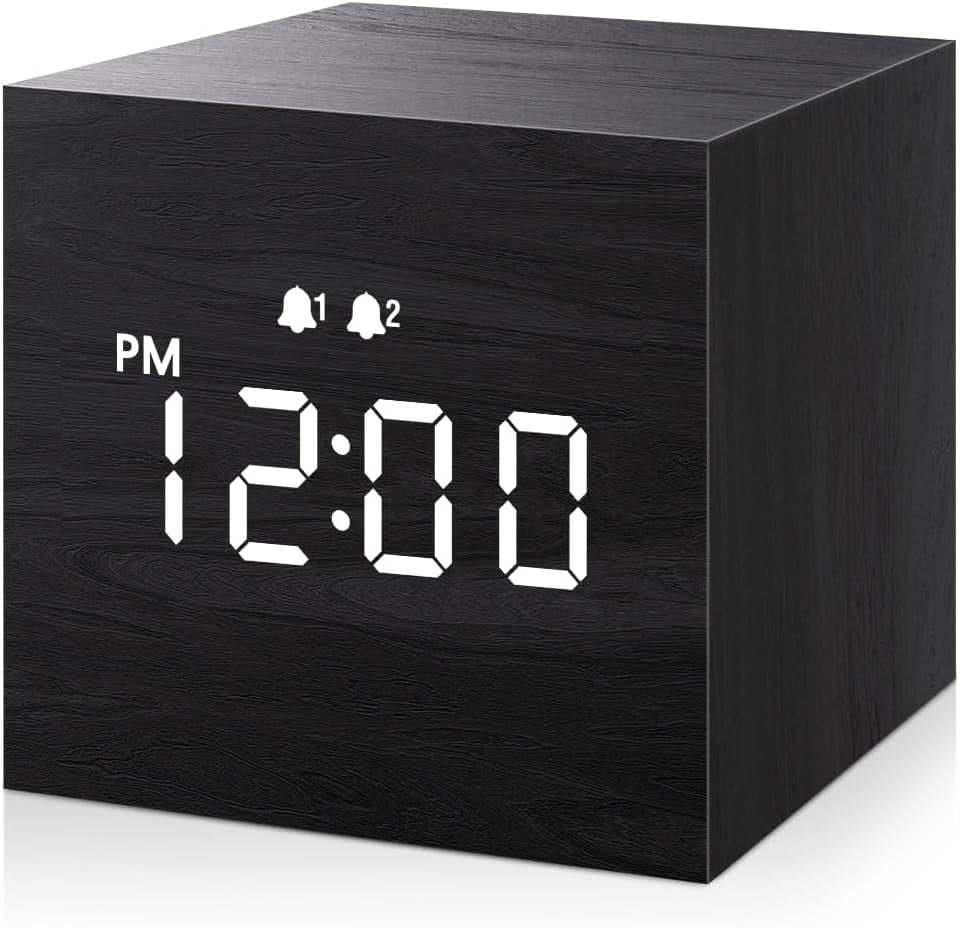 Compact Digital Alarm Clock – Wooden Casing, LED Time Display, Dual Alarm, Black