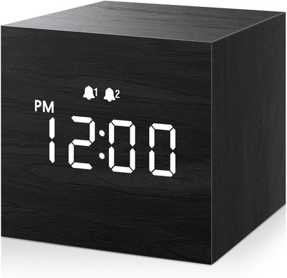 Compact Digital Alarm Clock – Wooden Casing, LED Time Display, Dual Alarm, Black