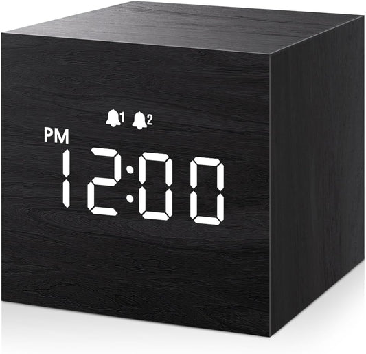 Compact Digital Alarm Clock – Wooden Casing, LED Time Display, Dual Alarm, Black