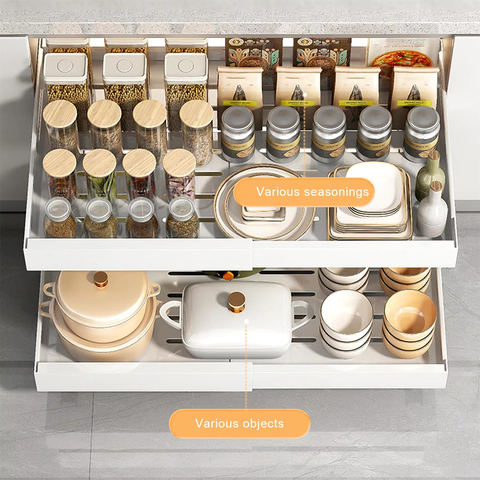 Slide-Out Cabinet Drawers – Expandable Metal Organizer for Kitchen, Pantry, or Bathroom