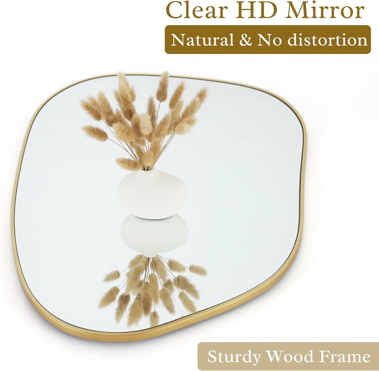 Asymmetrical Wall Mirror 28"x20" – Golden Wood Frame, Decorative for Living Room & Bathroom