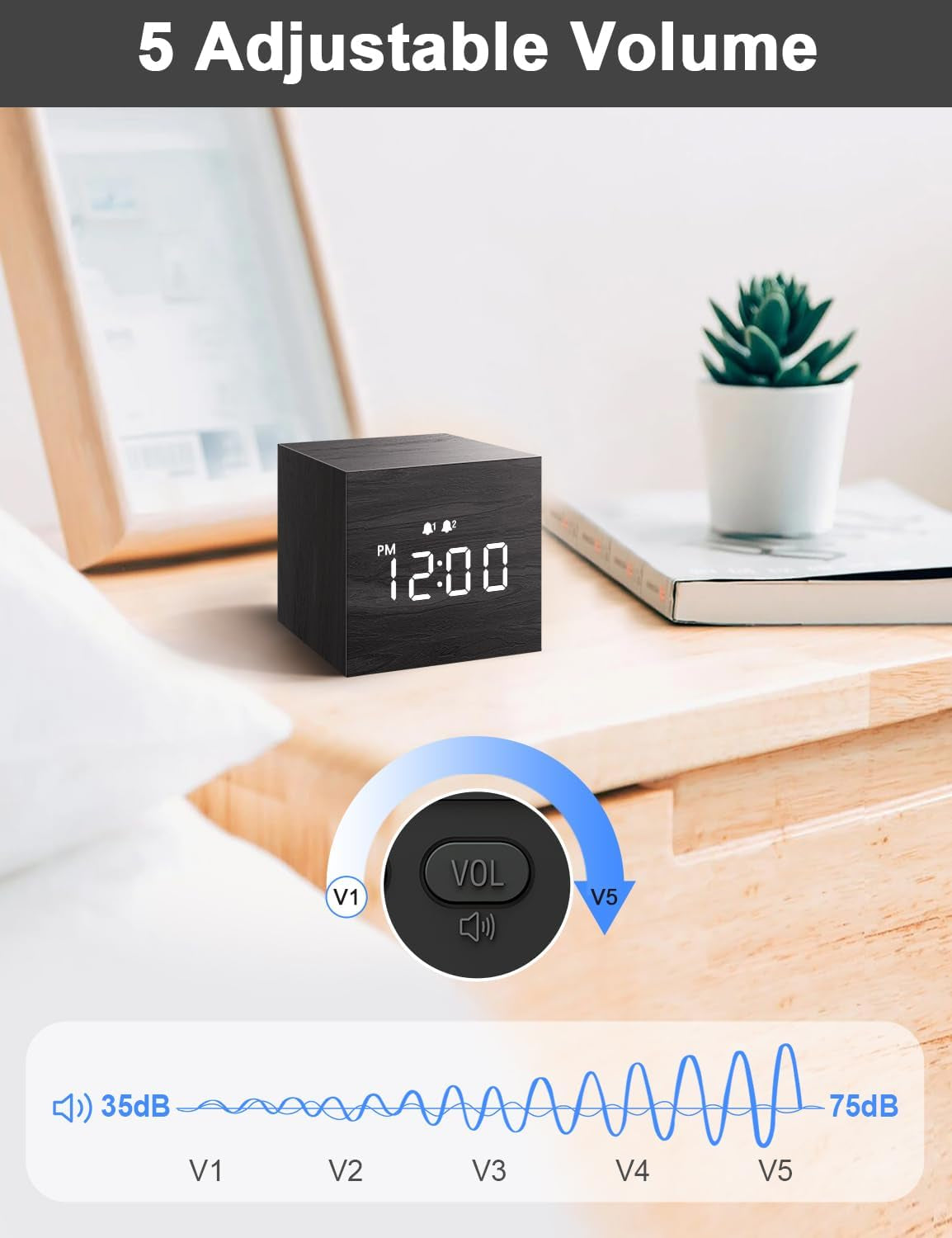 Compact Digital Alarm Clock – Wooden Casing, LED Time Display, Dual Alarm, Black